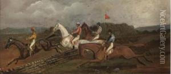 Steeplechasing; And Over The Ditch Oil Painting - Henry Thomas Alken
