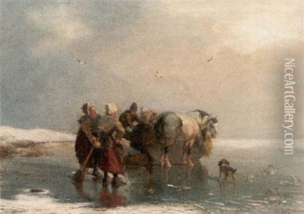 Bauern Mit Pferd Und Zugschlitten Auf Der Zugefrorenen See Oil Painting - Carl Hilgers