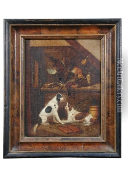 Study Of Spaniels In A Kitchen Interior, With Dead Game On A Shelf Behind; And Study Of Pointers In A Kitchen Interior, With Dead Game On A Shelf... (pair) Oil Painting - Benjamin Blake