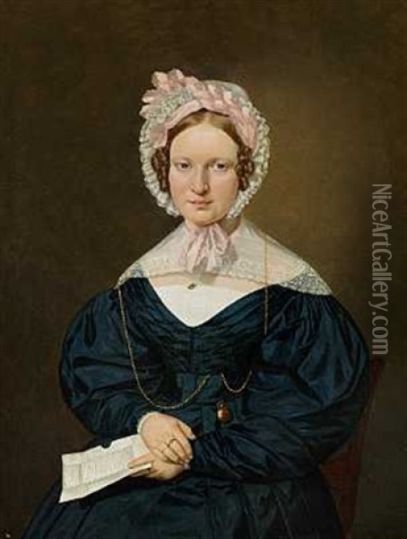 Portraet Af Mette Marie Mathiesen I Bla Silkekjole Holdende Et Brev Oil Painting - Andreas Hunaeus