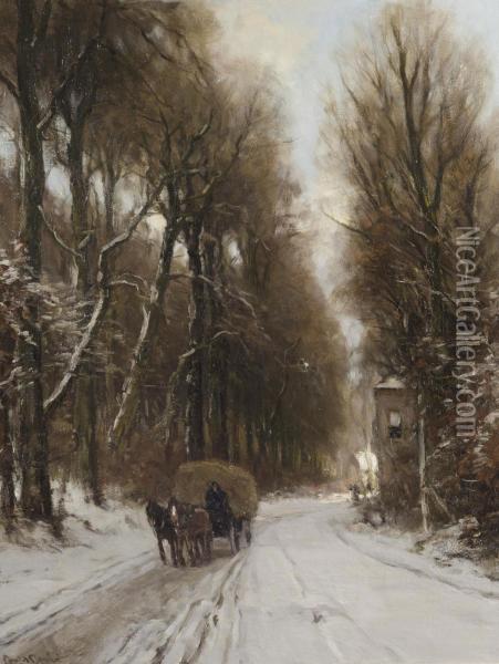 Horse And Carriage On A Track In Winter Oil Painting - Louis Apol