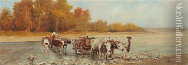 Crossing The Ford Oil Painting - Ludovic Bassarab