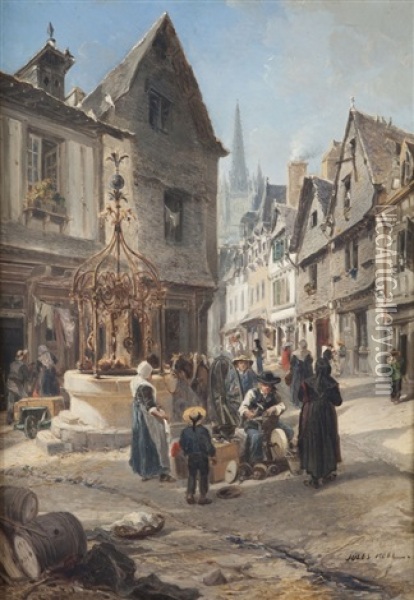 Place De Ville Animee (quimper ?) Oil Painting - Jules Achille Noel