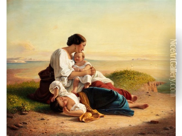 Junge Italienerin Mit Zwei Schlafenden Kindern An Kuste Oil Painting - August Heinrich Riedel