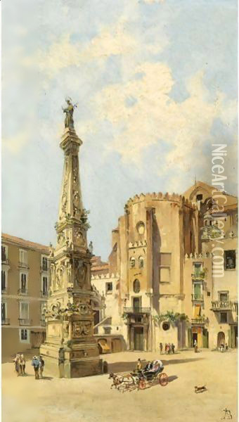 A Carriage On Piazza Di San Domenico Maggiore, Naples Oil Painting - Antonietta Brandeis