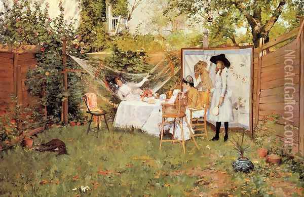 The Open Air Breakfast (or The Backyard, Breakfast Out of Doors) Oil Painting - William Merritt Chase