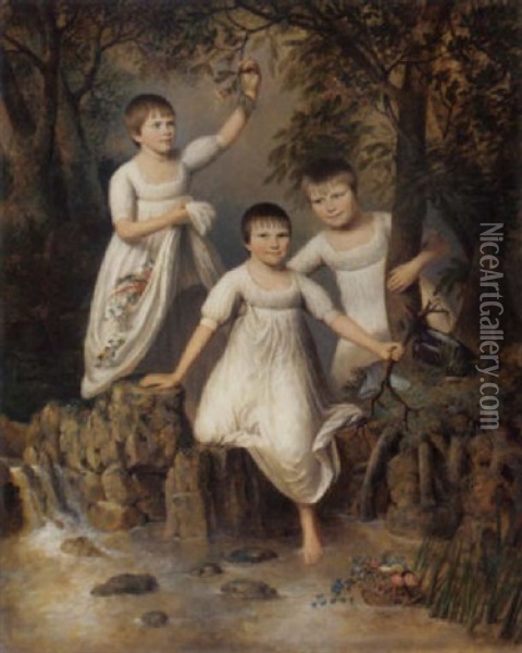 Portrait Of Three Boys In White Smocks, By A Wooded Pool Oil Painting - Henry Edridge