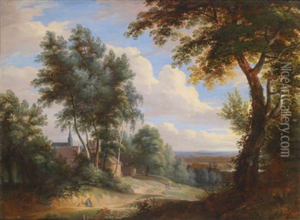 Hugelige Landschaft Mit Einem Dorf Zwischen Baumen Und Weitem Ausblick Oil Painting - Jacques d' Arthois