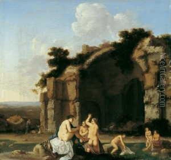 Badende Frauen (nymphen) Vor Romischen Ruinen. Oil Painting - Cornelis Van Poelenburch