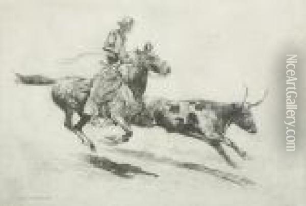 Headin' A Steer, No. 2 Oil Painting - John Edward Borein