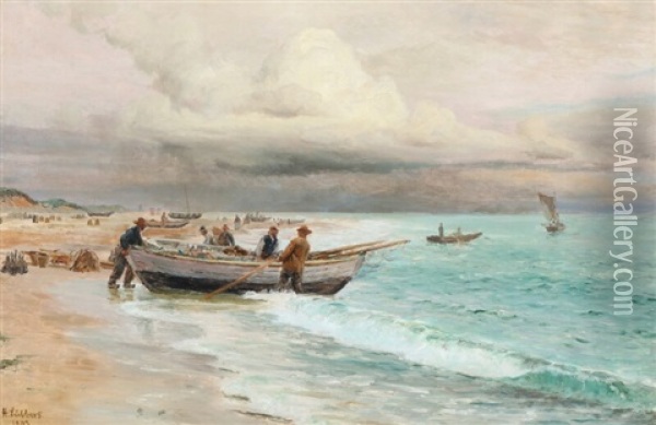 Coastal Scenery With Fishermen At Their Boats Oil Painting - Holger Luebbers