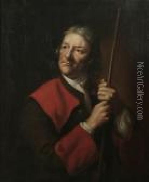 Portrait Of A Servant In A Red And Brown Coat And A White Cravat, Holding A Staff Oil Painting - John Riley