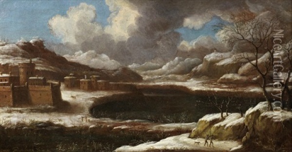 A Winter Landscape With Huntsmen And Their Dog In The Foreground Oil Painting - Orazio Grevenbroeck