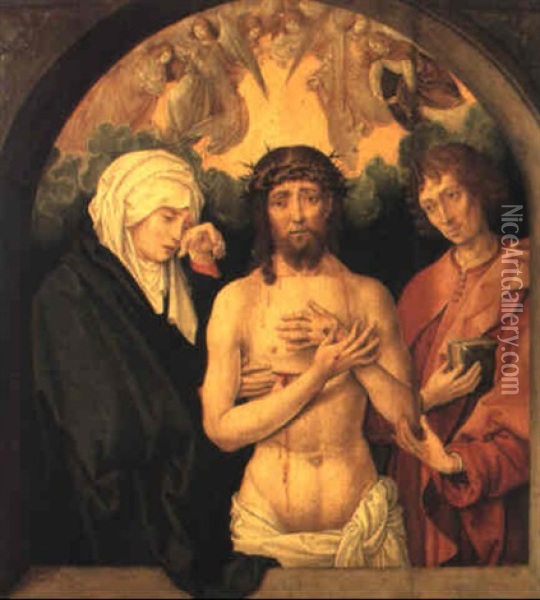 The Man Of Sorrows With The Virgin And St. John The Evangelist Oil Painting - Michiel Sittow