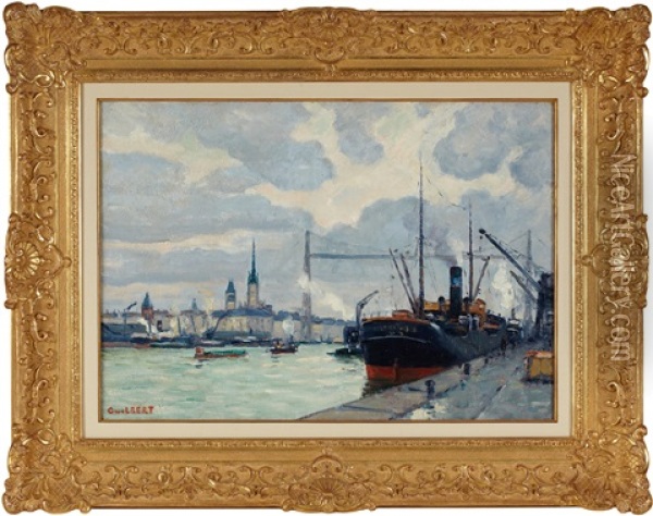 Port De Rouen Et Le Pont Transbordeur Oil Painting - Narcisse Guilbert