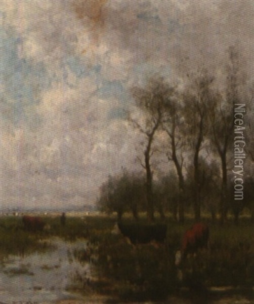 Koeien Bij De Drinkplaats Oil Painting - Jan Vrolijk