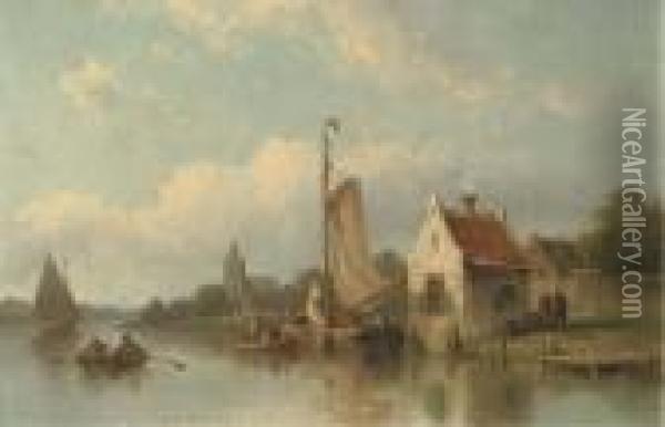 A River Landscape With Fishermen In Their Boats Oil Painting - Eduard Alexander Hilverdink