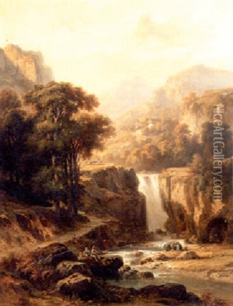 A Waterfall Cascading Through A Mountainous Landscape Oil Painting - Horace-Antoine Fonville