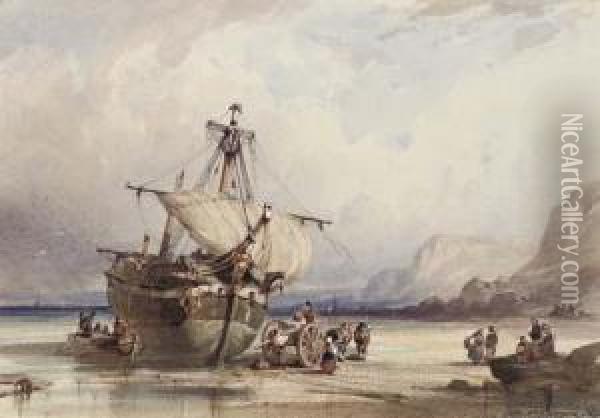 Figures Dismantling A Beached Ship On A Rocky Shore Oil Painting - Auguste Delacroix