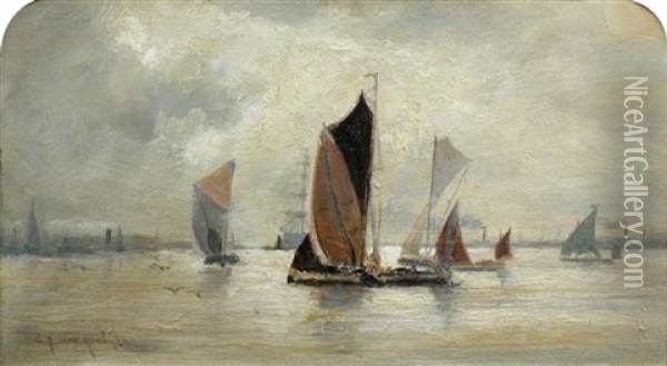 Dutch Barges In A Calm Oil Painting - Edmund Aubrey Hunt