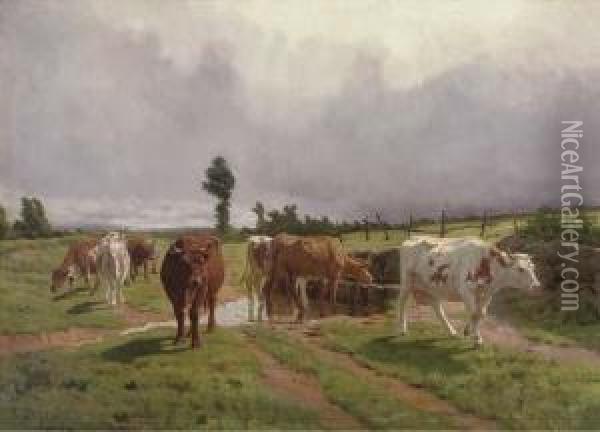 Cattle Watering By A Stream Oil Painting - Rene Peyrol
