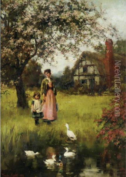 Mother And Child In A Landscape With Cottage And Duckpond Oil Painting - Henry John Yeend King