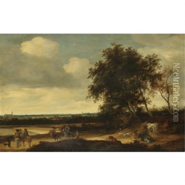 A Landscape With Cavaliers In The Foreground, A Church Beyond Oil Painting - Jacob Salomonsz van Ruysdael