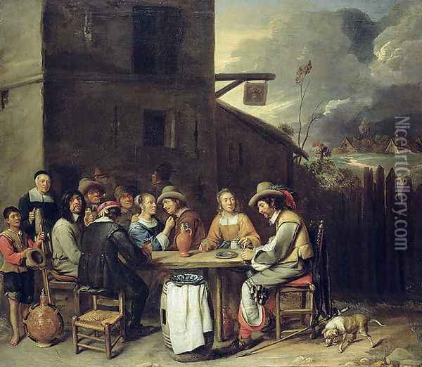 Companions Carousing in front of a Tavern, 1640-50 Oil Painting - Joos van Craesbeeck