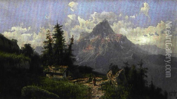 Bergere Pres D'un Hameau Dans La Montagne Oil Painting - Alfred Godchaux