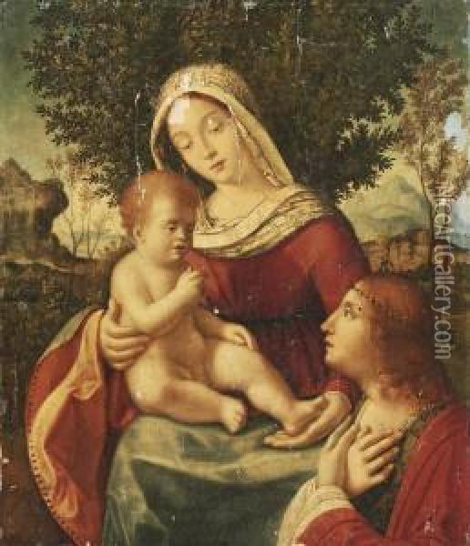 The Madonna And Child With A Female Saint, In An Extensive Wooded Landscape Oil Painting - Andrea Previtali