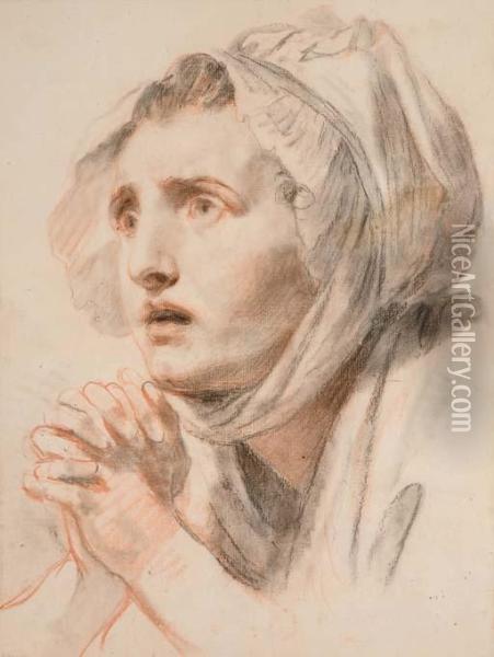 Portrait D'une Jeune Femme Les Mains Jointes, Vue De Trois-quarts Tournee Vers La Gauche Oil Painting - Jean Baptiste Greuze