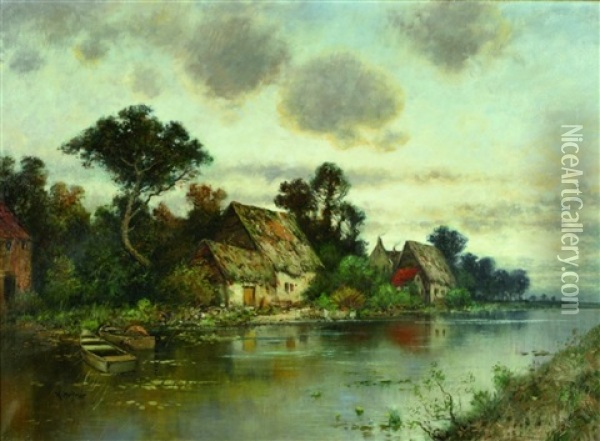 Flusslandschaft Mit Reetgedeckten Hausern Oil Painting - Karl Heffner