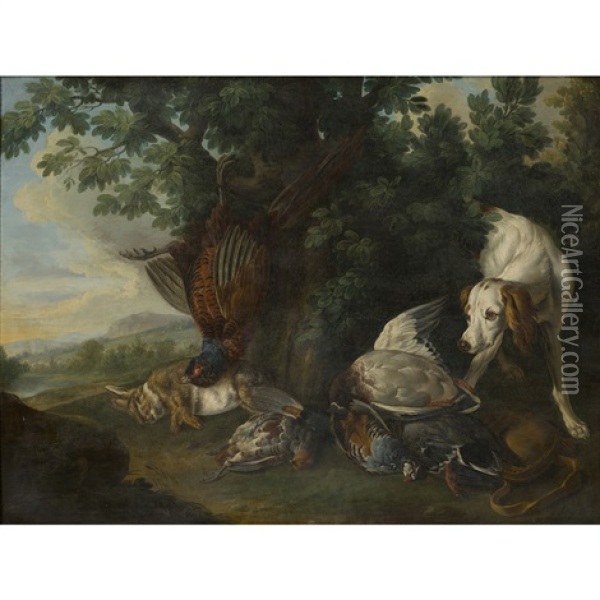 Dog And Dead Game In A Wooded Landcsape Oil Painting - Alexandre Francois Desportes