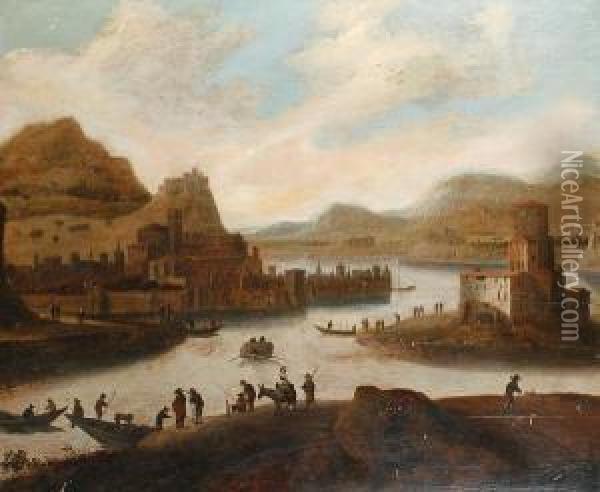 Figures Crossing An Estuary To A Town Oil Painting - Jan Abrahamsz. Beerstraaten
