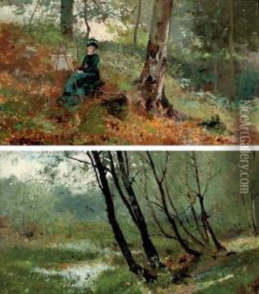 A Lady Artist In A Wood; And A Wooded River Landscape Oil Painting - Hector Caffieri