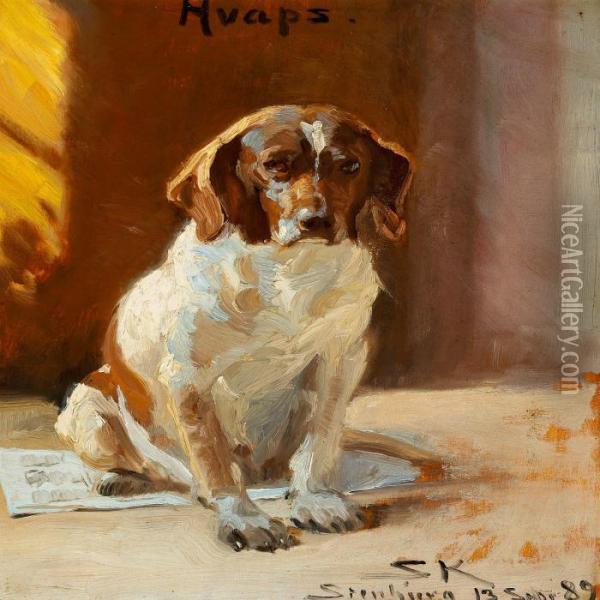 A Sporting Dog Sitting On A Newspaper Oil Painting - Peder Severin Kroyer