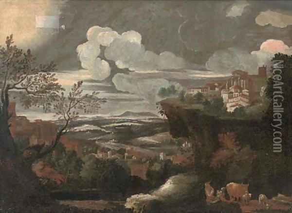An extensive mountainous landscape, with a shepherd and his flock, a town beyond Oil Painting - Pieter the Younger Mulier