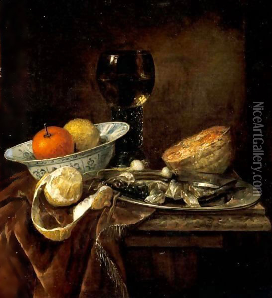 Still Life Of An Orange And A Lemon In A Porcelain Bowl, A Roemer, A Melon, A Sliced Herring On A Pewter Plate, And A Peeled Lemon Together On A Table Draped With A Velvet Cloth Oil Painting - Abraham Hendrickz Van Beyeren