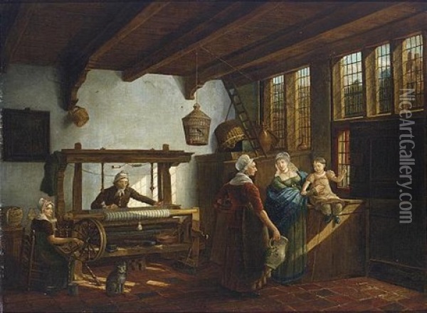 A Weaver's Workshop With A Weaver And His Maid, Together With Two Women And A Child Conversing On The Right Oil Painting - Johannes Petrus van Horstok