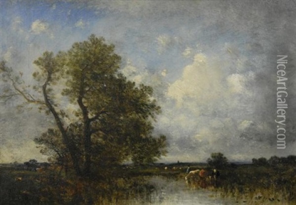Landscape With Cows By A River Oil Painting - Julien Dupre