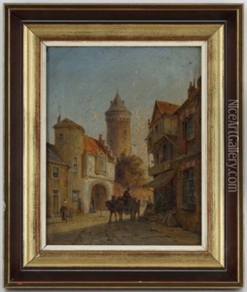 Ruelle Animee A Bruges (?) Oil Painting - Pieter Cornelis Dommershuijzen