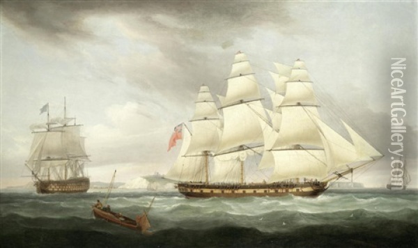 A Flagship Of The Blue Squadron, With The Vice-admiral Aboard, Astern Of A Large Merchantman, Both Just Past Dover Oil Painting - Thomas Whitcombe