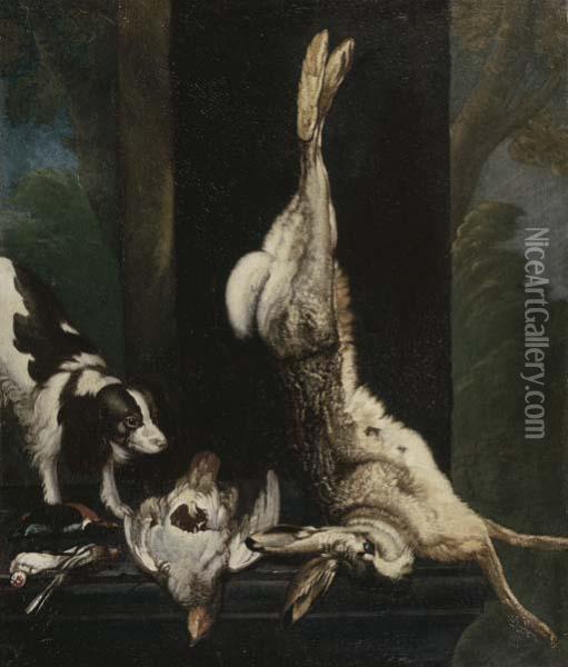 A Sporting Dog Approaching Dead Song Birds, A Pheasant And A Hareon A Stone Ledge Oil Painting - Cornelis van Lelienbergh