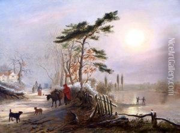Figures In A Winter River Landscape Oil Painting - Thomas Smythe
