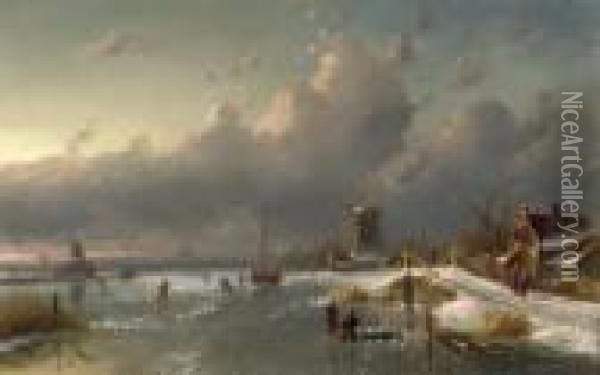 Ice-fishing On A Frozen River At Dawn Oil Painting - Charles Henri Leickert