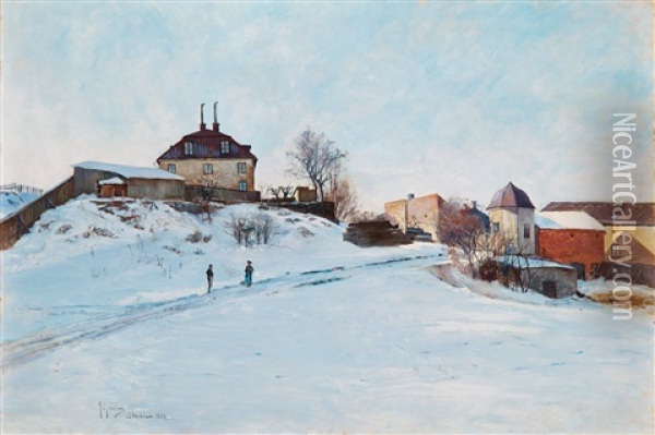 Winter Scene From Sodermalm, Stockholm Oil Painting - Anton Genberg