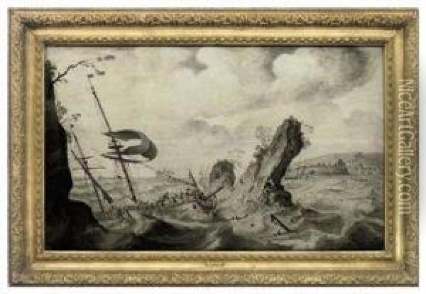 A Man-o'war Driving Onto Rocks In A Gale Oil Painting - Adriaen Cornelisz. Van Salm