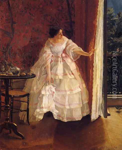Lady at a Window Feeding Birds Oil Painting - Alfred Stevens