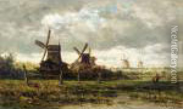A Landscape With Windmills And Two Figures Oil Painting - Willem Roelofs