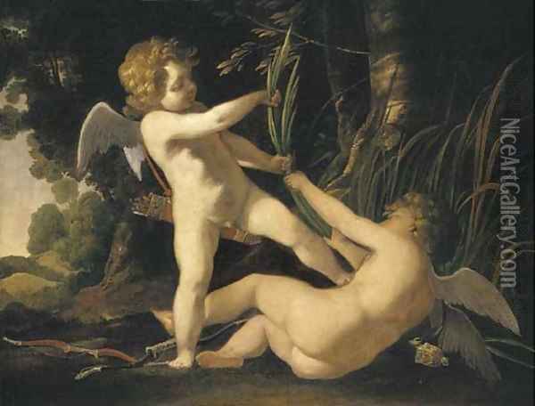 Two winged putti disporting in a landscape Oil Painting - Laurent De La Hyre